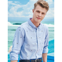 【苏宁自营】enk男装 春款欧美带扣领合身棉质纯色趣味印花男士长袖衬衫