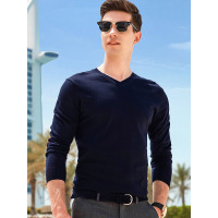 【苏宁自营】enk男装 纯色简约撞色袖口青年棉质V领男士长袖针织T恤衫