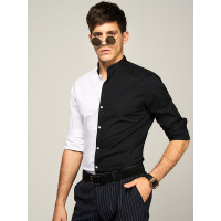 【苏宁自营】enk男装 简约小立领潮流黑白拼色精致舒适男士长袖衬衫