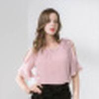 诗萌夏季上衣女短袖新款雪纺衫纯色百搭轻熟蝴蝶结露肩甜美雪纺衫