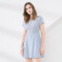 诗萌短袖连衣裙女烟灰蓝2018年夏季新款绑带领口收腰显瘦a型裙子