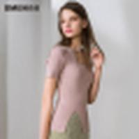 诗萌针织短袖上衣女2018夏装新款V领镂空纯色百搭修身显瘦打底衫