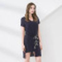 诗萌连衣裙2018夏新款女优雅不规则藏青粉红色连衣裙背带裙