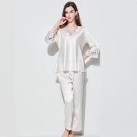 LOUIS ROYER春秋性感蕾丝仿 真丝睡衣女冰丝夏薄款长袖丝绸大码两件套装睡裙女家居服