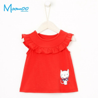 moomoo童装女幼童T恤2018夏季新款小宝宝娃娃领猫咪印花T恤