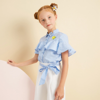moomoo女童夏装荷叶边条纹休闲喇叭袖上衣纯棉短袖衬衫女