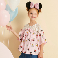 moomoo女童夏装迪士尼拼接蕾丝百褶花边宽松短袖上衣