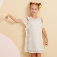 moomoo童装女童时尚露肩梭织小白裙