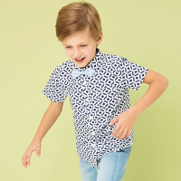 moomoo童装男童夏装2017新款休闲格子翻领纯棉宽松短袖衬衫男