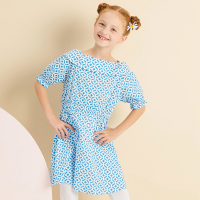 moomoo女童夏装休闲格子图案韩版纯棉短袖连衣裙百褶裙子