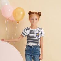 moomoo女童夏装圆领休闲条纹打底儿童短袖T恤女