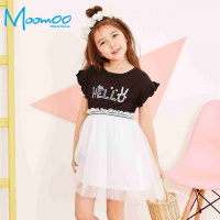 moomoo童装女童连衣裙2018夏季新款中大童学生短袖拼接连衣裙