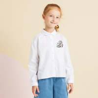 moomoo长袖衬衫女童装春秋季翻领韩版刺绣白衬衫中大童女