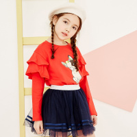 moomoo女童双层褶皱长袖T恤中大童2018新款春秋儿童上衣