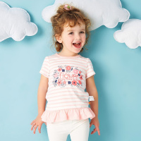 moomoo上衣女童装2017夏季新款休闲条纹印花长款短袖T恤