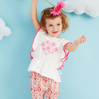 moomoo童装2017夏装新款女婴童休闲卡通荷叶边圆领纯棉针织短袖恤