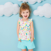 moomoo童装女宝宝夏装休闲短袖T恤2017新款圆领甜美百褶上衣