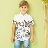 moomoo童装男童休闲条纹印花短袖衬衫夏装纯棉翻领衬衣男