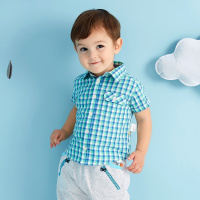 moomoo小孩衣服休闲格子衬衫2017新款宝宝夏装男翻领纯棉短袖衬衣