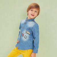 moomoo童装男童休闲牛仔衣2017春新款中大童翻领纯棉透气开衫外套