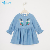 moomoo童装女童牛仔连衣裙2018春季新款中大童刺绣娃娃衫女