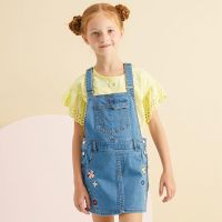 moomoo女童局部花朵图案牛仔背带裙中大童女童
