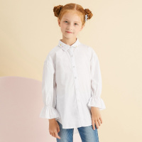 moomoo童装女童春秋装长款长袖衬衫中童新款衬衣大童荷叶边袖子