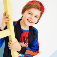 moomoo男童后背印花夹克2018春新款中大童小孩宝宝撞色外套