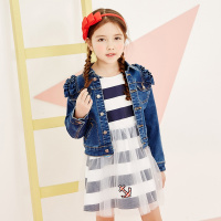 moomoo童装女童牛仔外套2018春季新款中大童荷叶边牛仔上衣