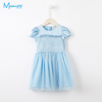 moomoo童装女童连衣裙2018夏季新款中大童天蓝色网纱礼服裙公主风