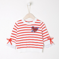 moomoo童装女童条纹套头毛衫2018春新款中大童蝴蝶结七分袖口毛衣291678