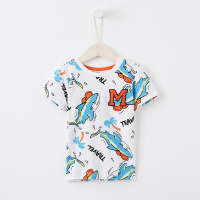 moomoo童装男童短袖T恤中大童撞色圆领休闲满印夏装新款T恤男孩