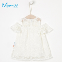 moomoo童装女幼童连衣裙夏装新款2018小宝宝白色蕾丝露肩连衣裙
