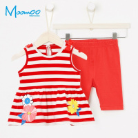 moomoo童装女幼童针织条纹套装18夏新款宝宝中长款背心短裤两件套