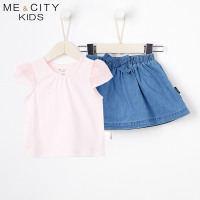 米喜迪mecity童装2018夏装新款女婴童网纱袖短袖恤牛仔裙套装