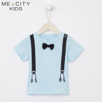 米喜迪童装2018夏装新款男婴童织带穿回型扣仿背带针织短袖恤