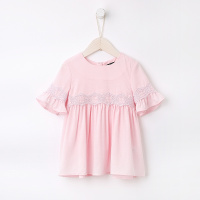 米喜迪童装2018夏装新款女童蕾丝拼接天丝竹节短袖t恤