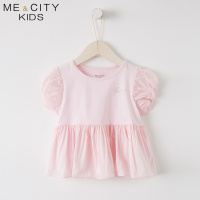 米喜迪童装2018夏装新款女童袖子下摆梭织拼接针织短袖t恤