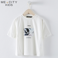 米喜迪mecity童装2018秋新款男童前胸照片印针织短袖恤