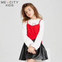 米喜迪mecity童装2018秋新款女童爱心刺绣两件式针织长袖恤