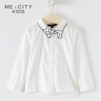 米喜迪mecity童装2018秋新款女童领口猫咪造型刺绣长袖衬衫