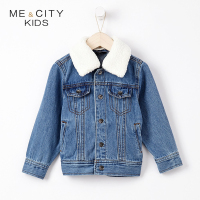 米喜迪mecity童装2018秋新款男童后背织带装饰毛领牛仔茄克
