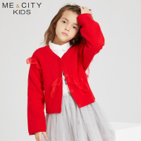 米喜迪mecity童装2018秋新款女童网纱装饰毛织开衫