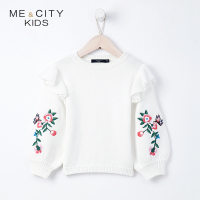 米喜迪mecity童装2018秋新款女童袖子刺绣灯笼袖长袖毛衫