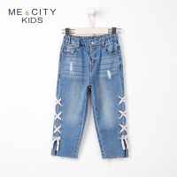 米喜迪mecity童装2018秋新款女童脚口交叉带设计牛仔长裤