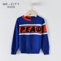 米喜迪mecity童装2018秋新款男童前胸撞色字母提花长袖毛衫