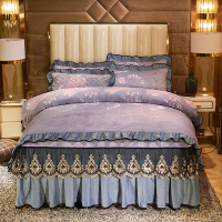 吉岳Giyue5D雕花绒床裙四件套刺绣工艺与花边结合环保印染呵护健康色牢度高不易褪色立体雕花团美观大方四件套