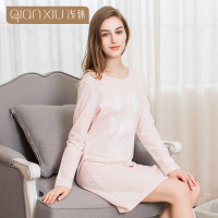浅休新品女士长袖睡裙 全棉弹力大码简约家居服宽松连衣裙