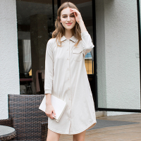 浅休女式睡裙家居服春款系带睡裙长袖开衫纯色睡袍1785