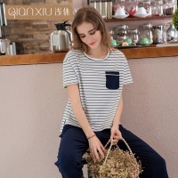 浅休2018春季新款女士短袖长裤条纹睡衣家居服女套装可外穿